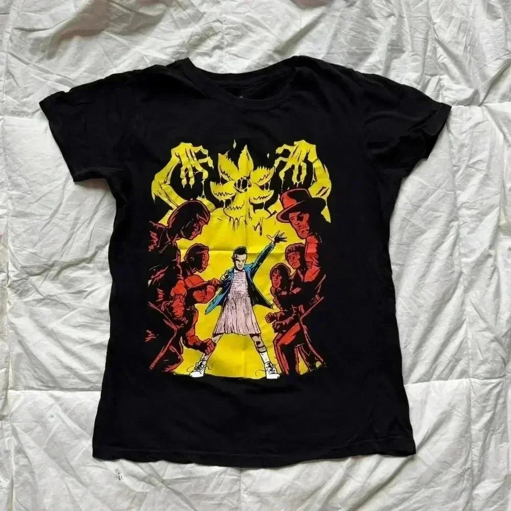 Black stranger things graphic short sleeve t shirt cotton womens xl‎ baby tee